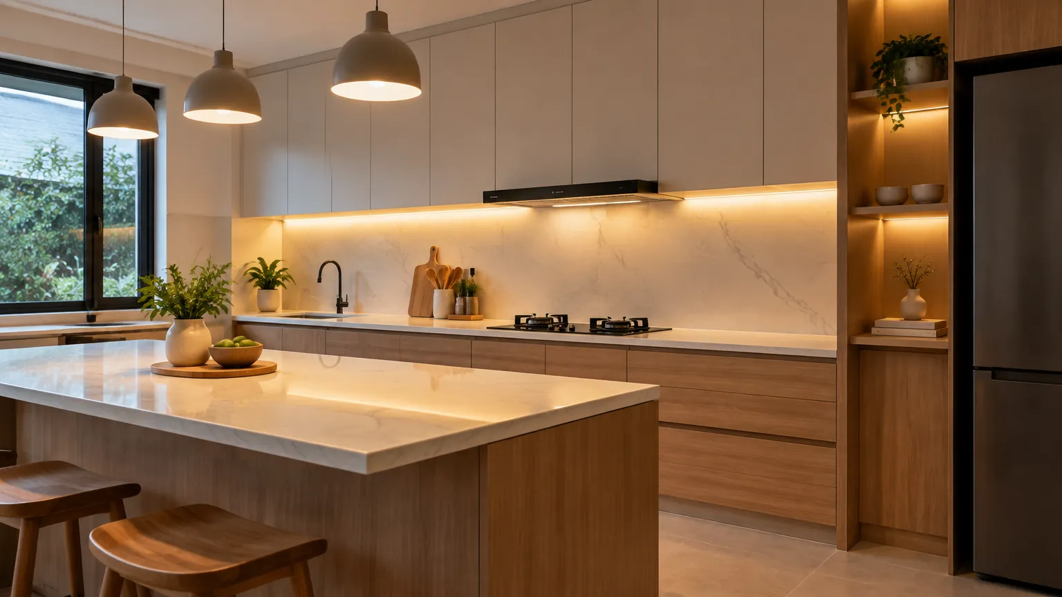 Lampu gantung dan lampu bawah kabinet di dapur