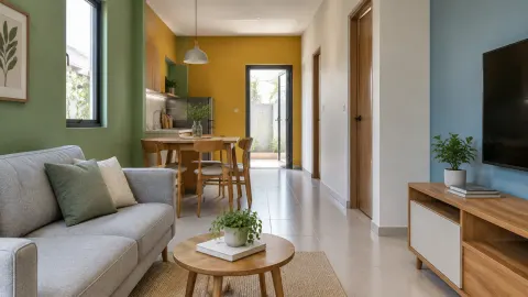 Ruang kecil dengan sofa hijau muda dan dinding kuning