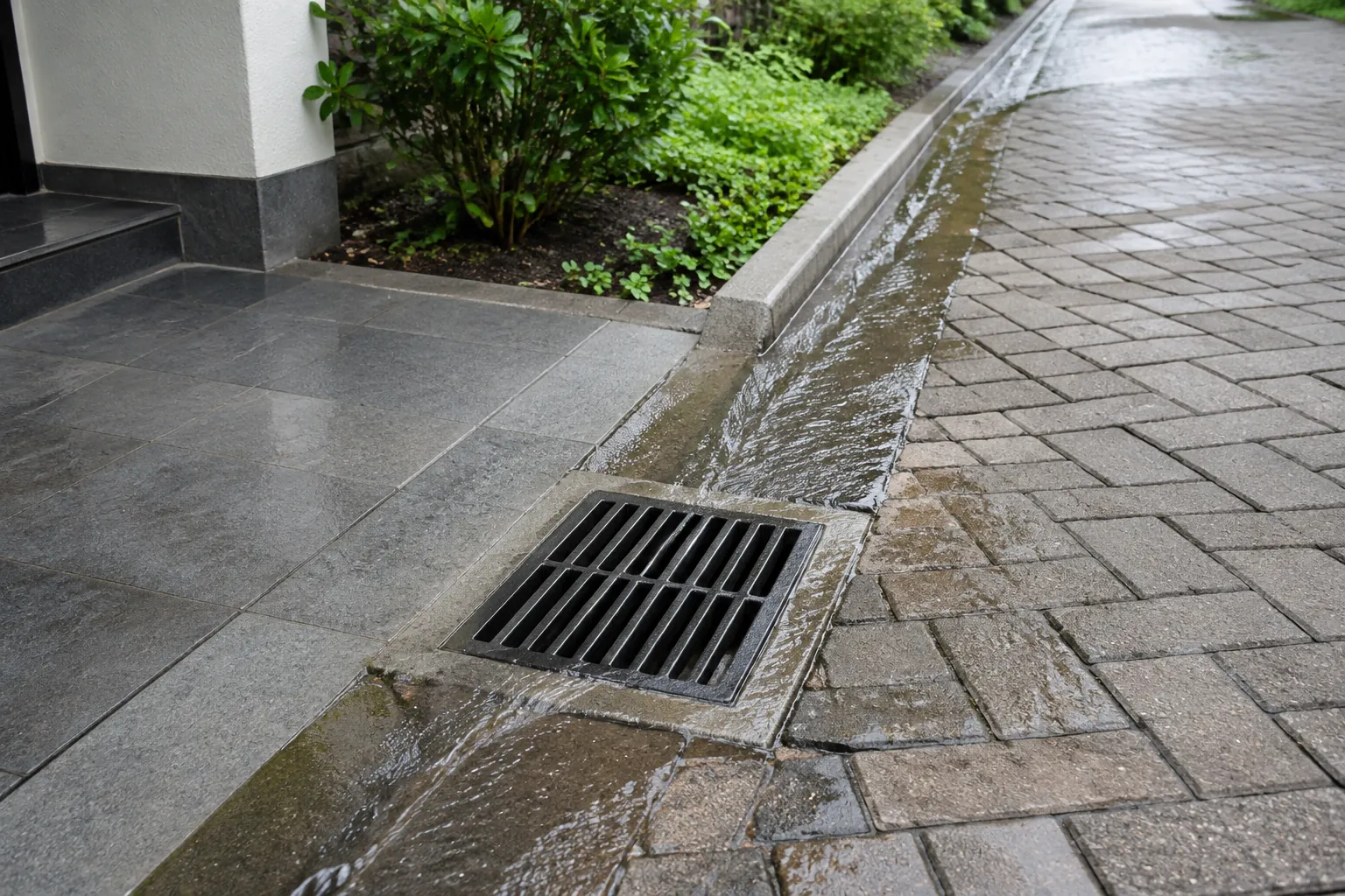 Air permukaan mengalir menuju kisi drainase di sisi paving