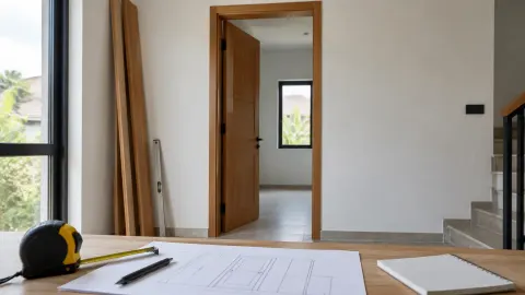 Bukaan pintu dalam rumah dengan gambar rencana dan meteran di meja
