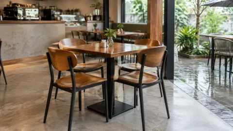 Meja makan kayu dan kursi di kafe