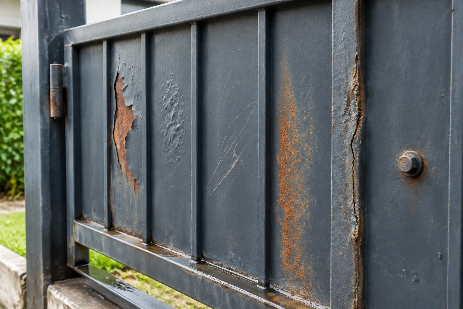 Cat mengelupas dan karat pada beberapa bilah pagar logam