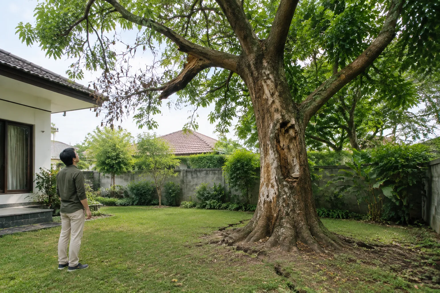 Seseorang mengamati pohon dewasa dari jarak aman di halaman