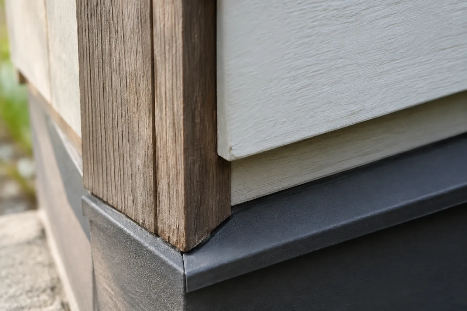 Ujung trim kayu dan panel luar pada sudut dinding