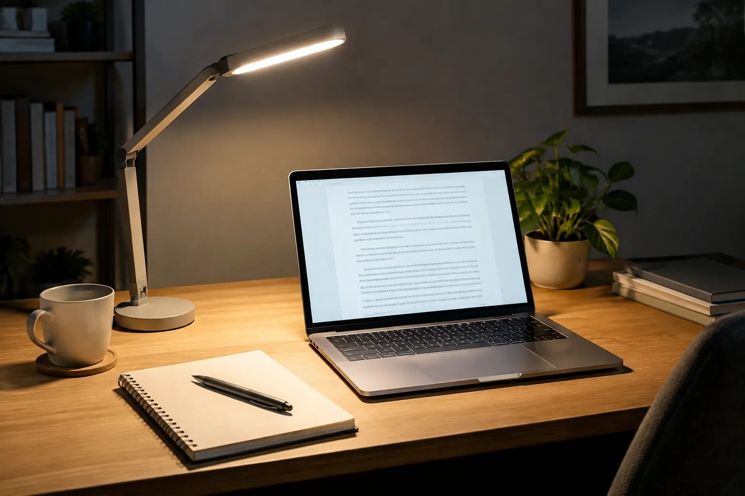Meja kerja dengan lampu baca dan layar laptop