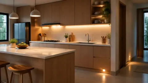 Lampu bawah kabinet menerangi meja kerja dapur