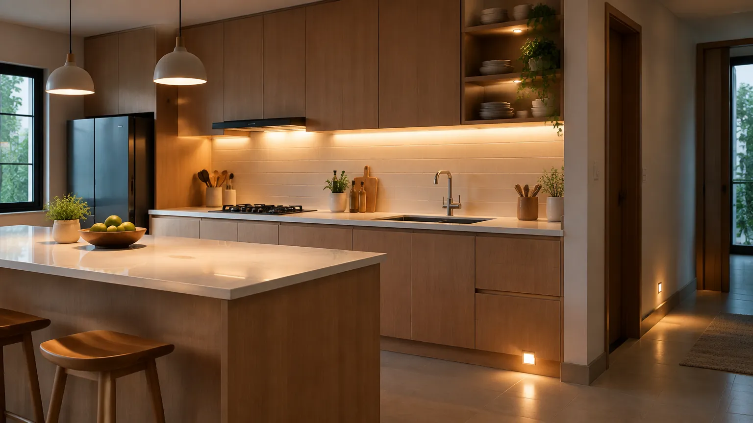 Lampu bawah kabinet menerangi meja kerja dapur