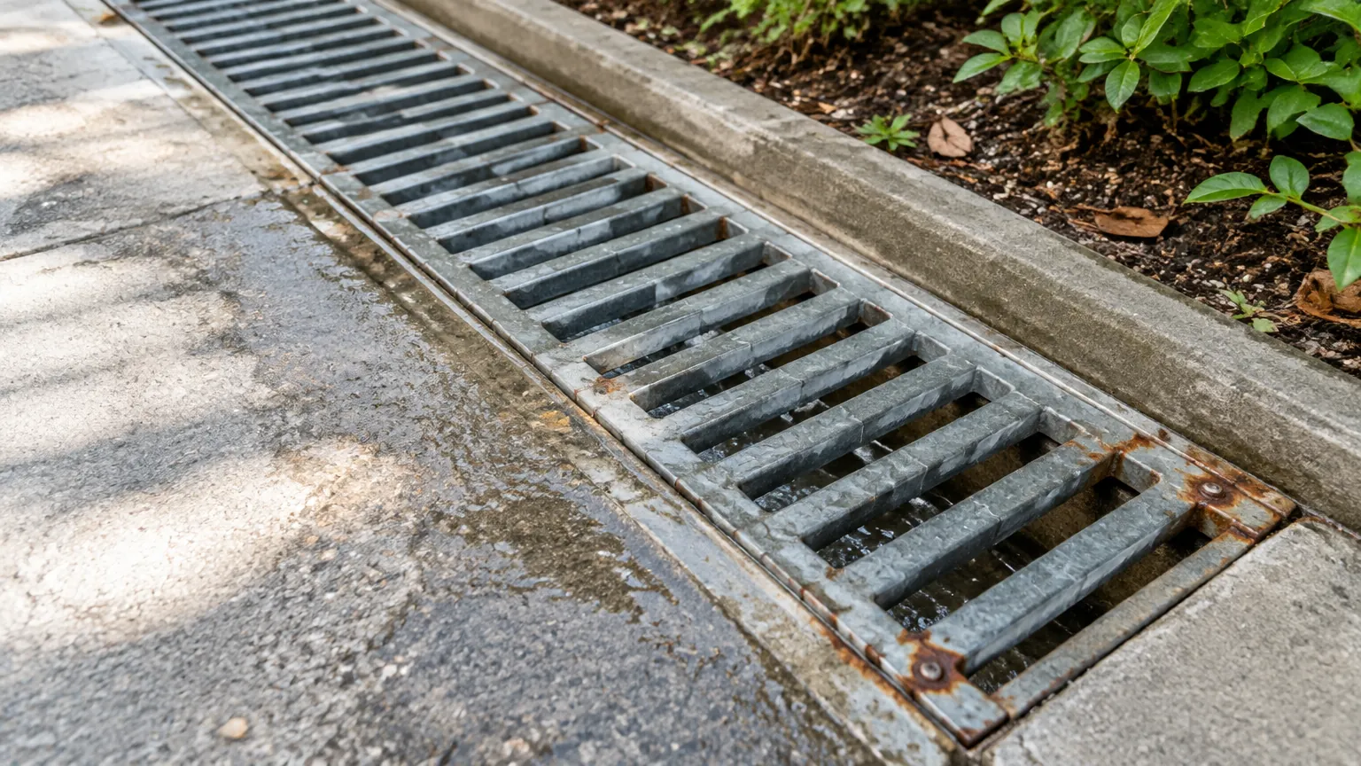 Jeruji drainase memanjang di tepi jalur luar