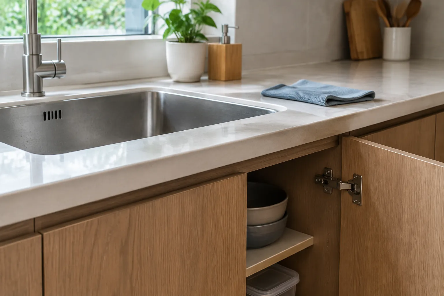 Bak cuci dan kabinet bawah pada dapur minimalis