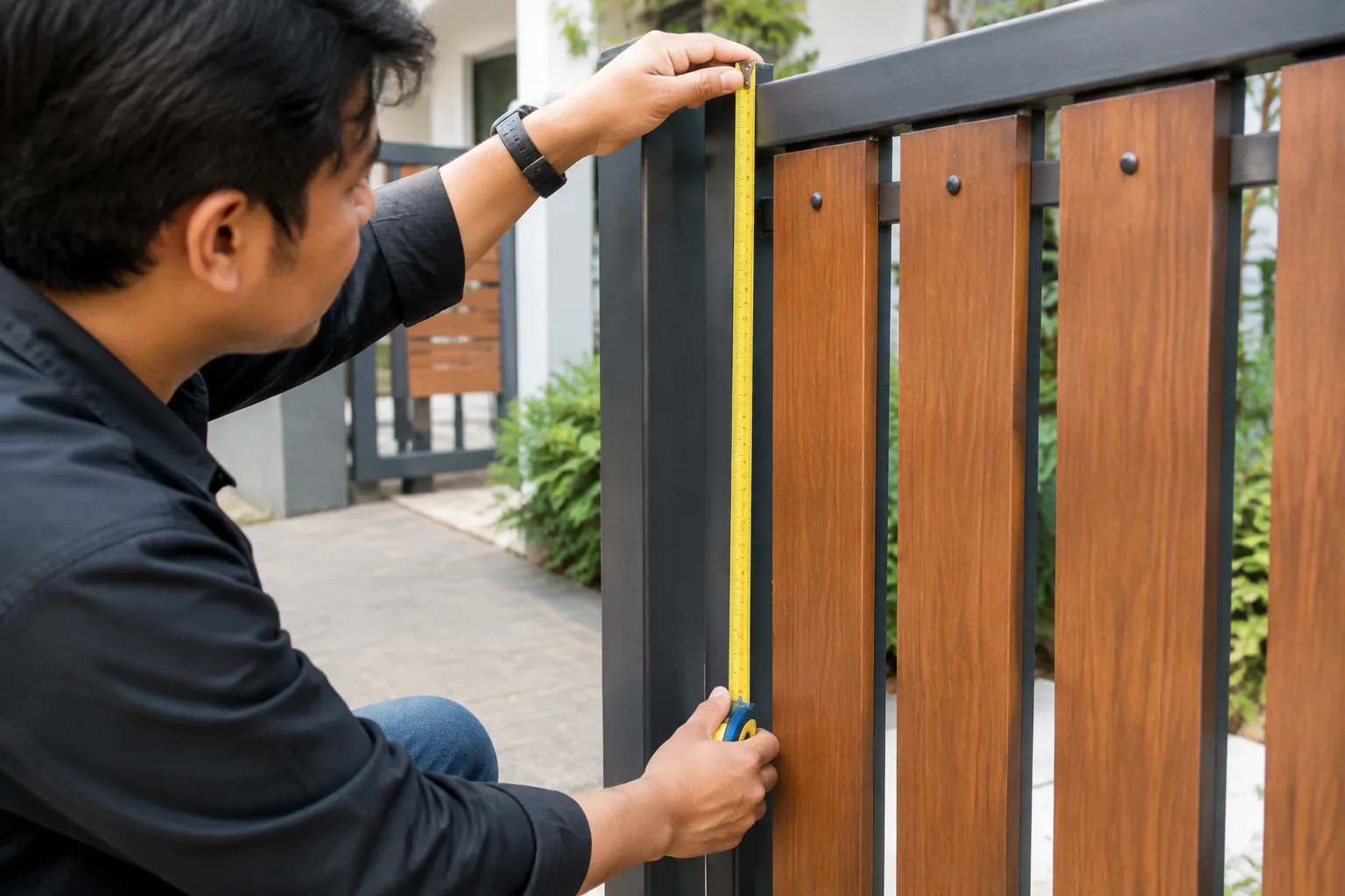 Pita ukur pada panel kayu.