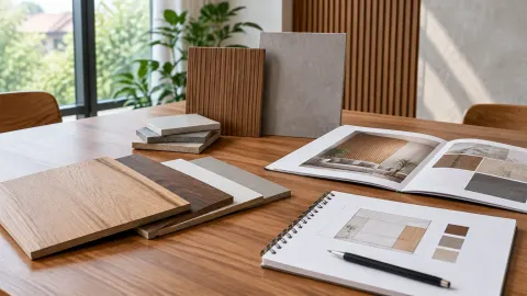 Sampel panel pelapis dan buku rencana di meja