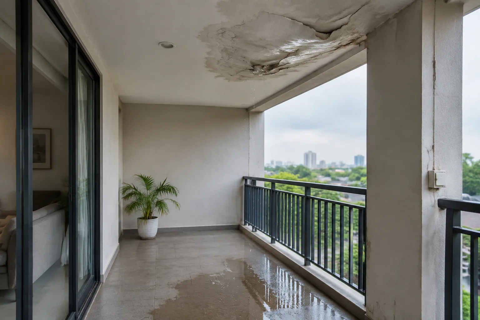 Plafon balkon rusak dan terkelupas akibat rembesan