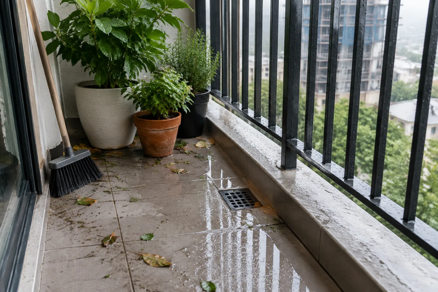 Lantai balkon basah dengan daun dan saluran pembuangan