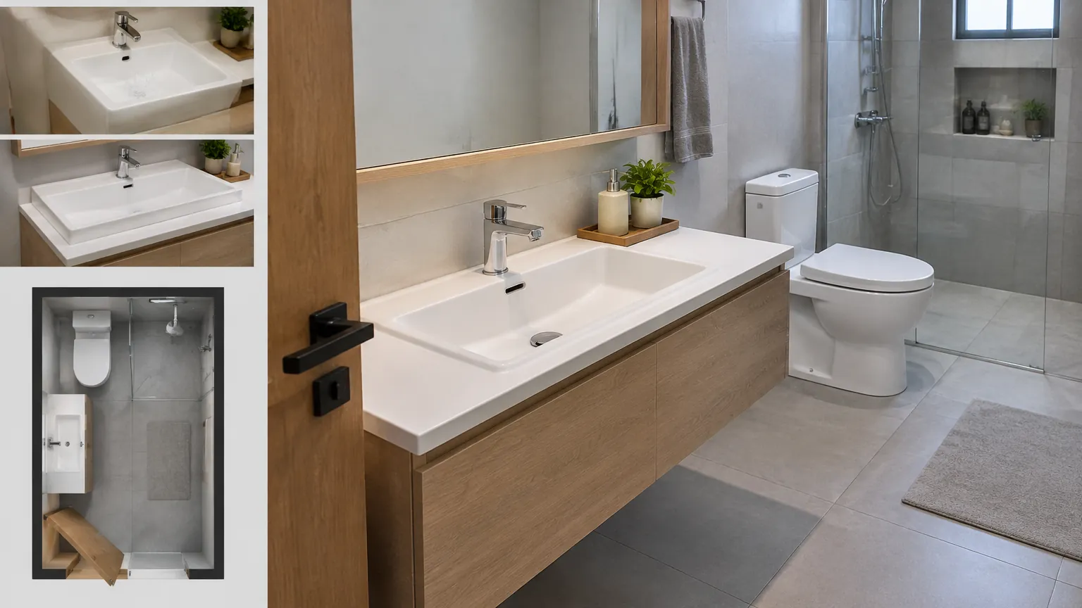 Kamar mandi dengan wastafel dan area pancuran