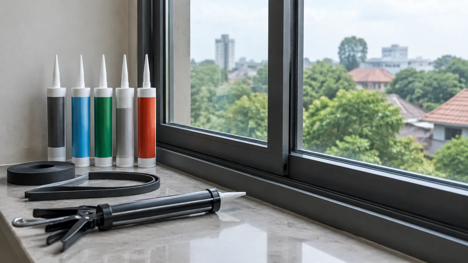 Contoh bahan sealant dan perangkat di dekat jendela aluminium