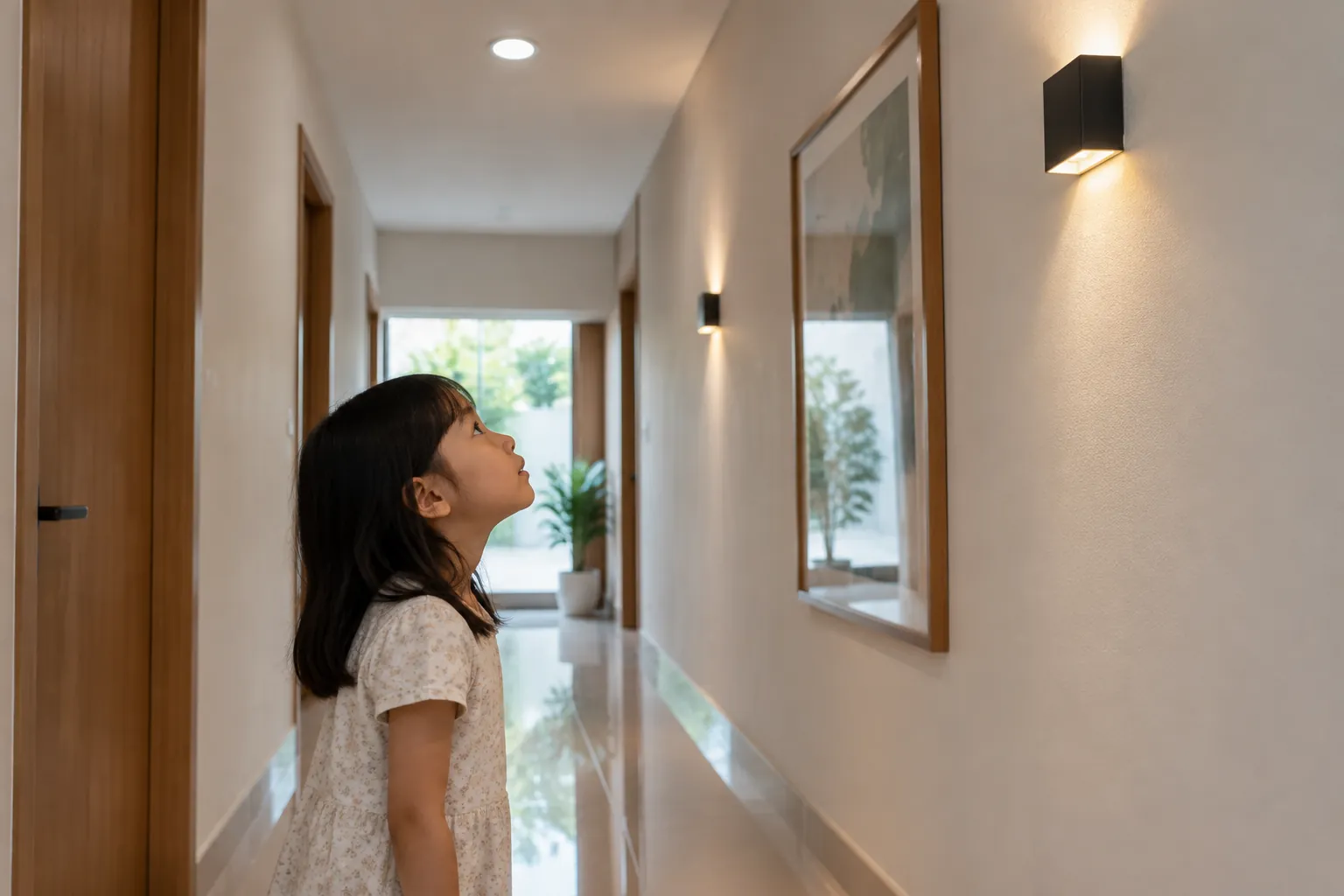 Seorang anak melihat lampu dinding di lorong rumah
