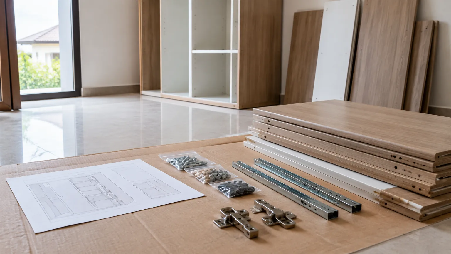 Panel kayu dan perlengkapan furnitur disiapkan di ruang kosong