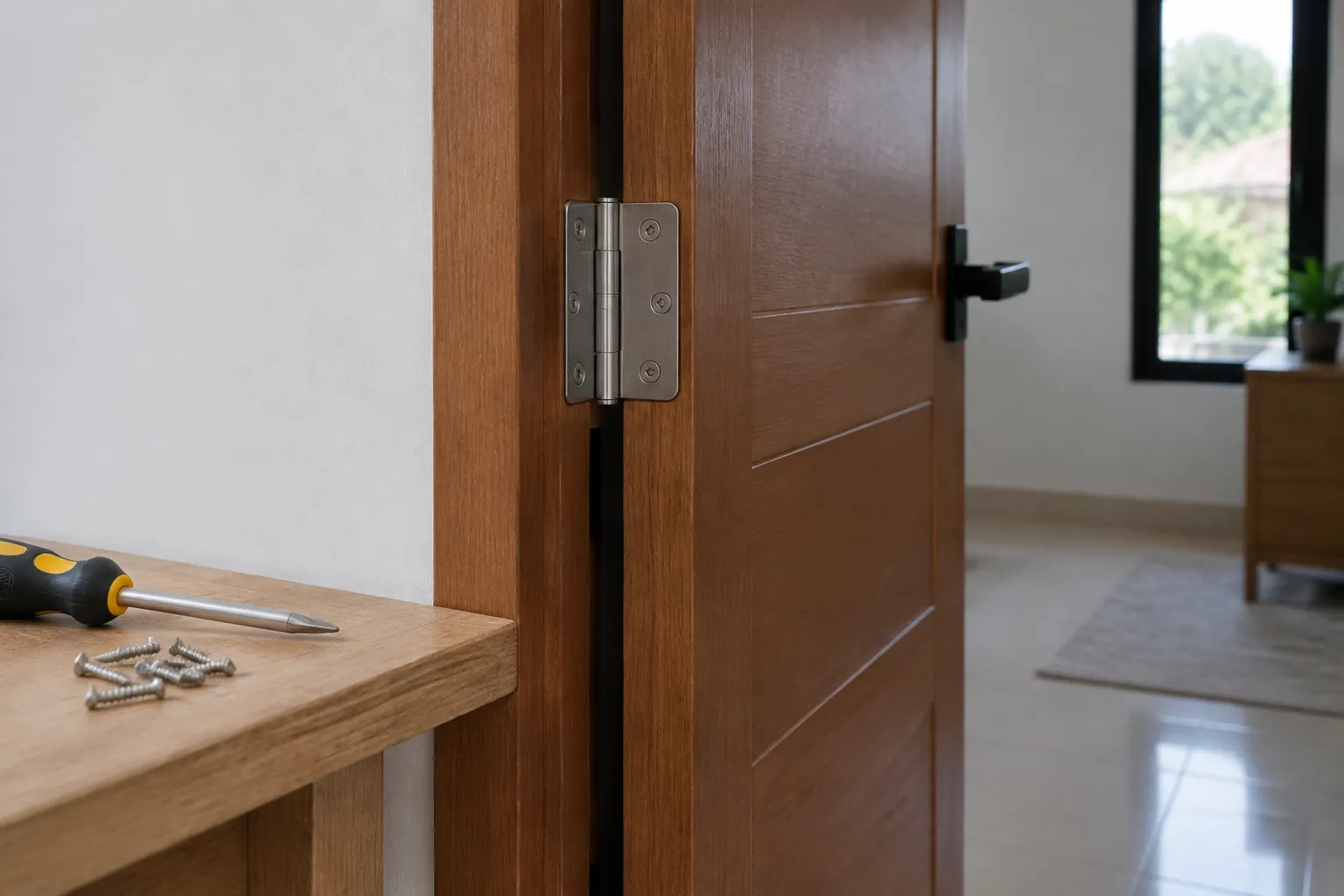 Engsel pintu kayu dan alat pemasangan di sampingnya