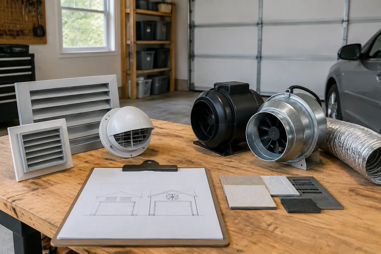 Komponen ventilasi mekanis di meja kerja garasi