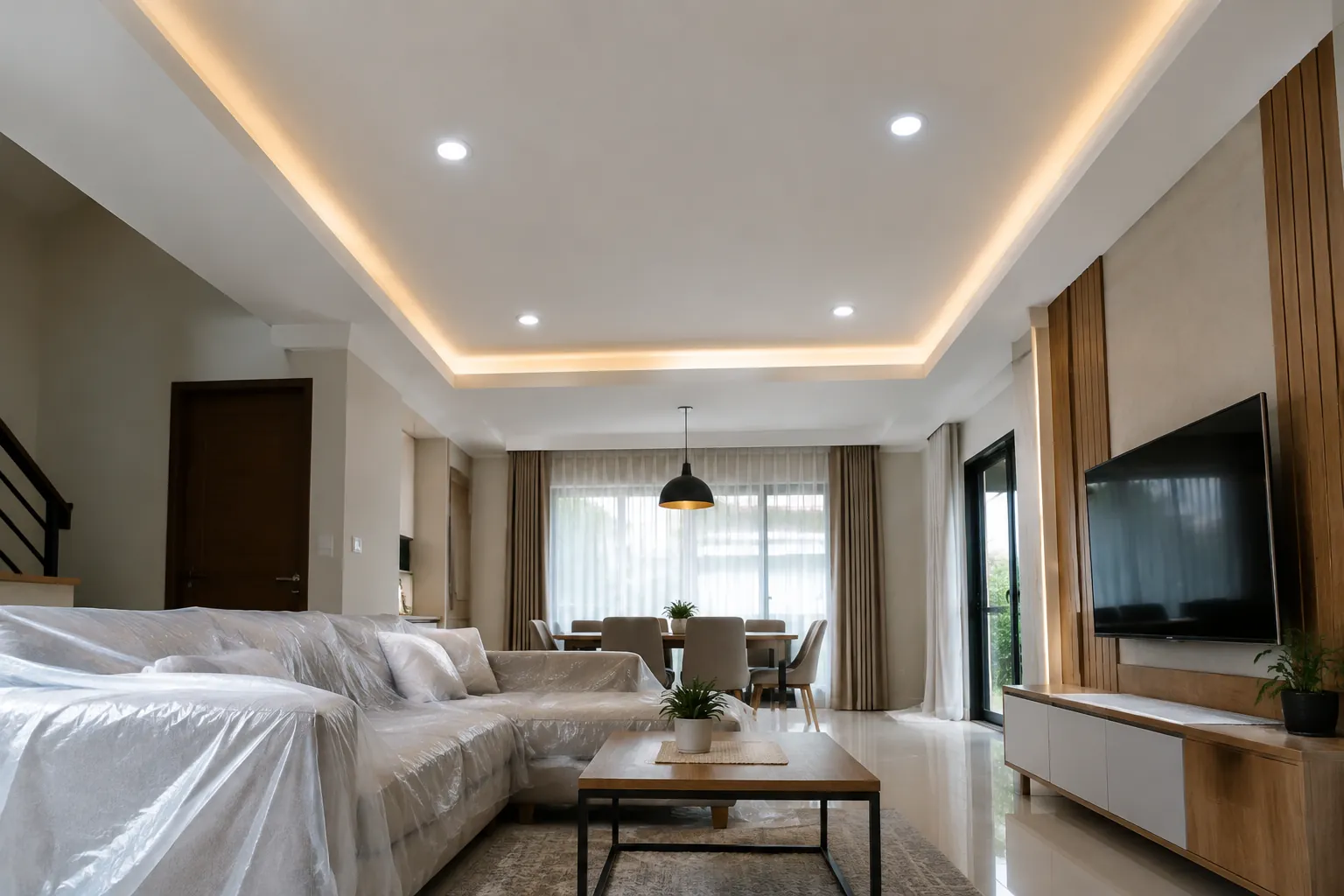 Ruang keluarga dengan lampu tepi plafon dan beberapa titik lampu