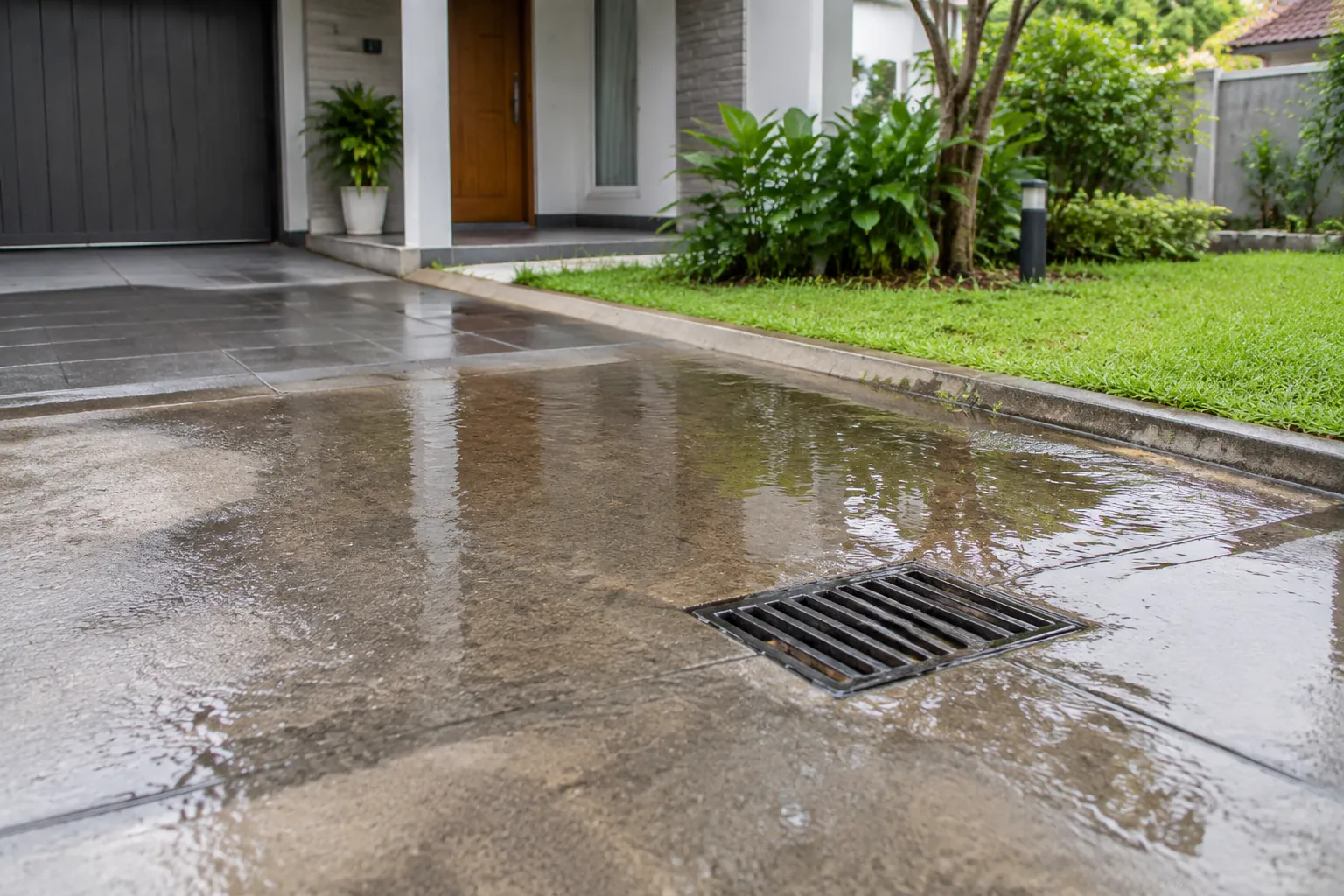 Genangan air hujan terlihat di sekitar penutup saluran pada paving