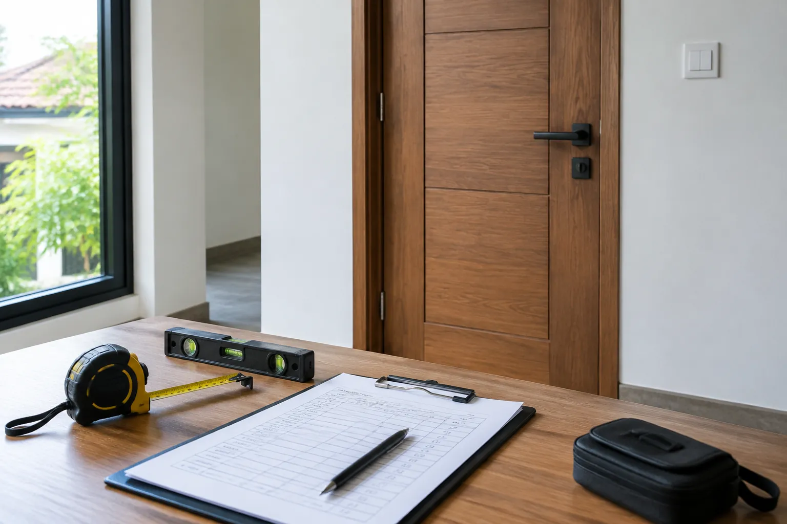 Pintu kayu dengan meteran, alat perata, dan buku catatan
