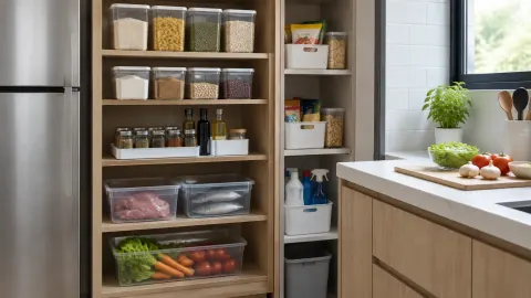 Rak dapur berisi bahan makanan dan wadah simpan