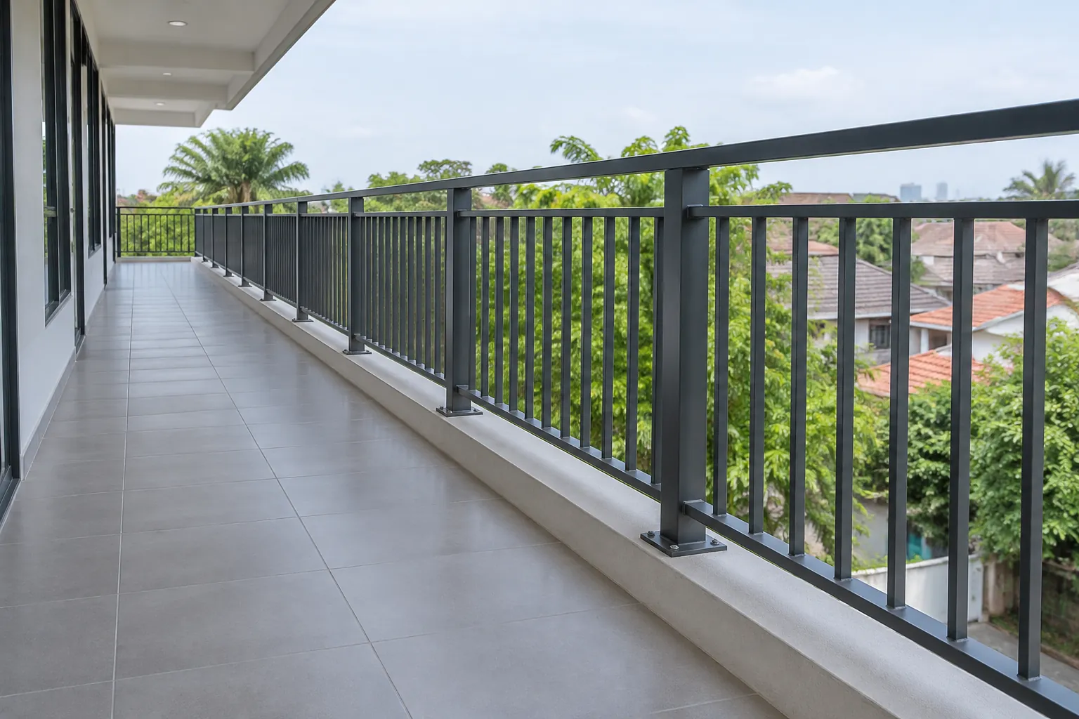 Pagar balkon hitam dilihat dari area berjalan