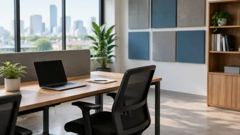 Ruang kerja dengan meja, kursi hitam, dan panel dinding biru