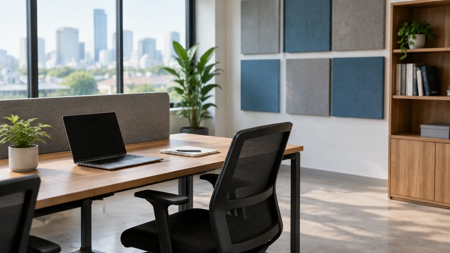 Ruang kerja dengan meja, kursi hitam, dan panel dinding biru