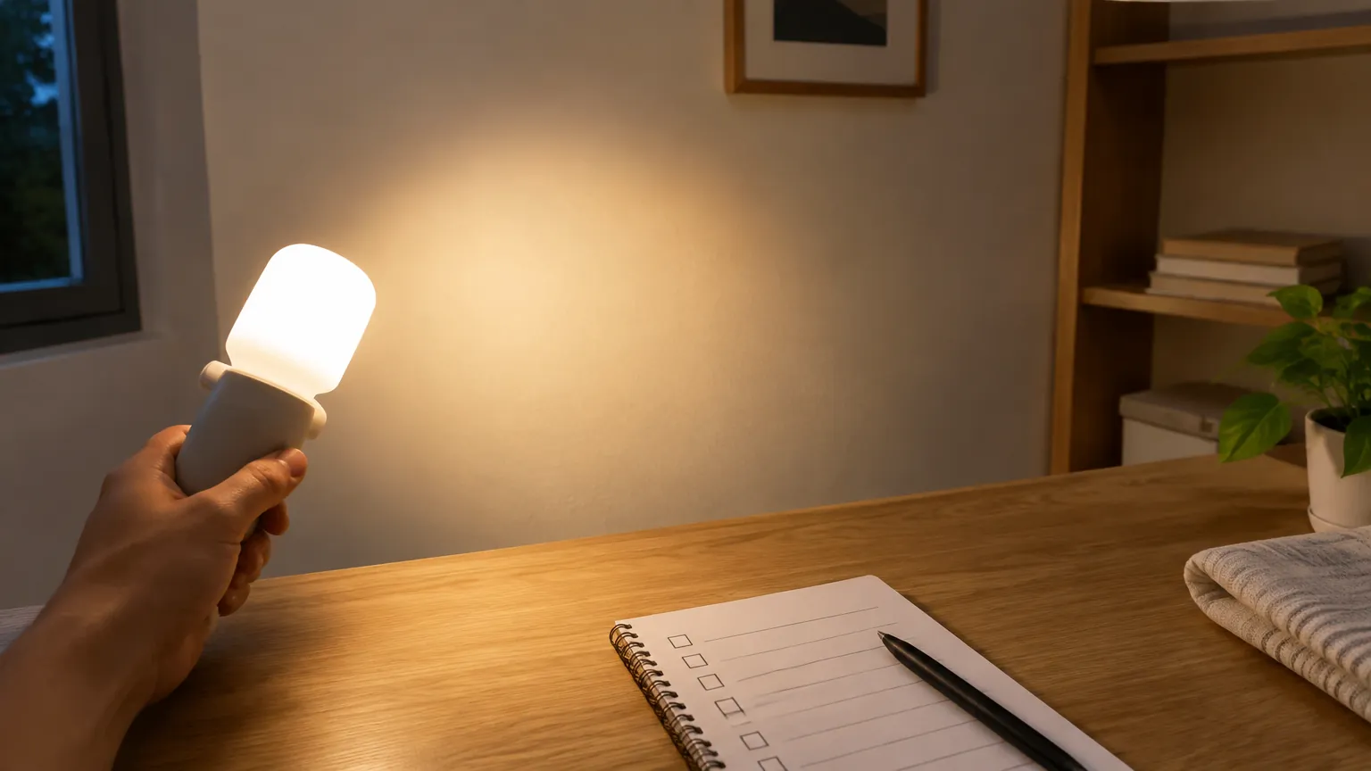 Lampu menyala dipegang di dekat meja