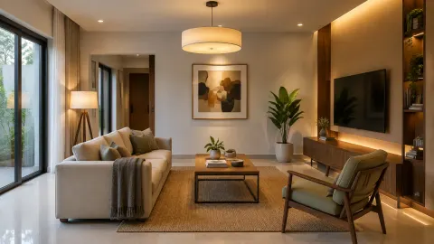 Ruang tamu dengan lampu plafon dan lampu samping sofa