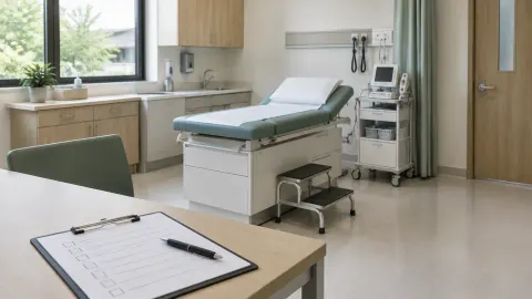 Ruang pemeriksaan klinik dengan tempat tidur, meja, dan peralatan