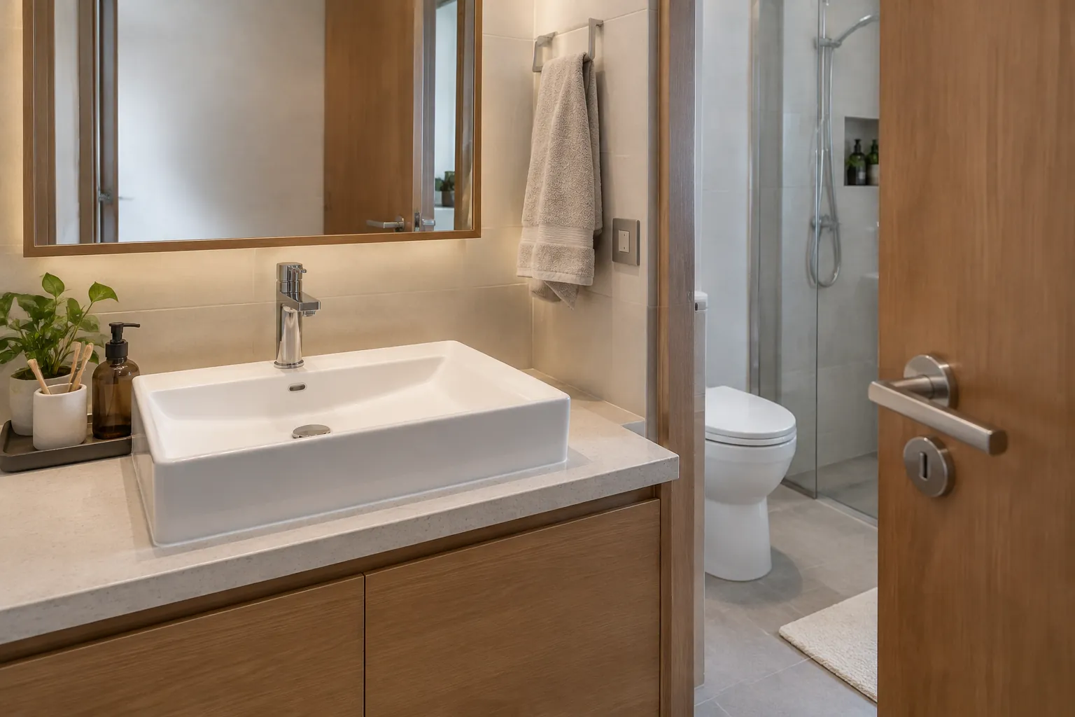 Wastafel di dekat cermin, pintu, dan area shower
