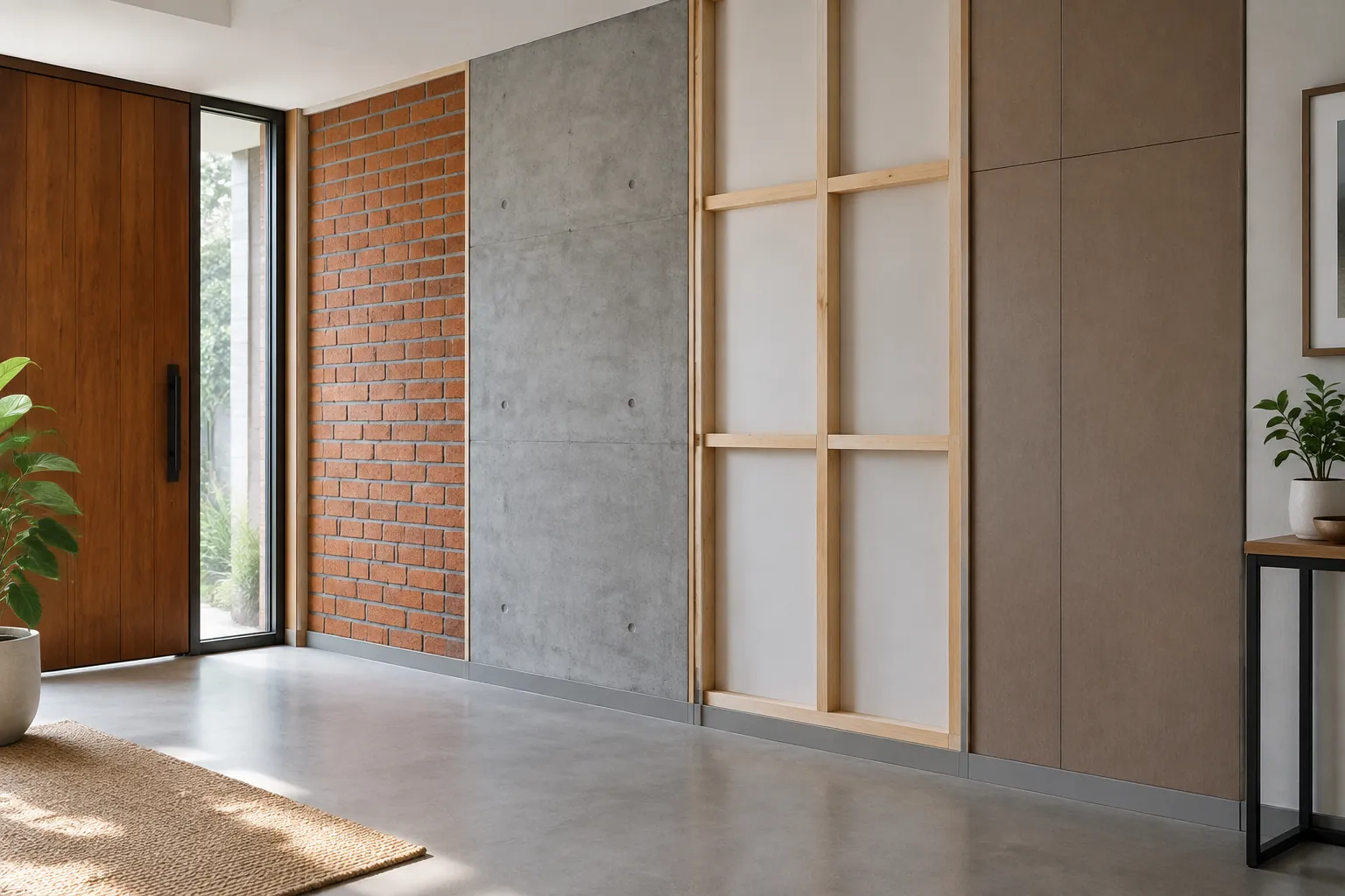 Contoh dinding bata, panel abu, dan kisi kayu di dekat pintu