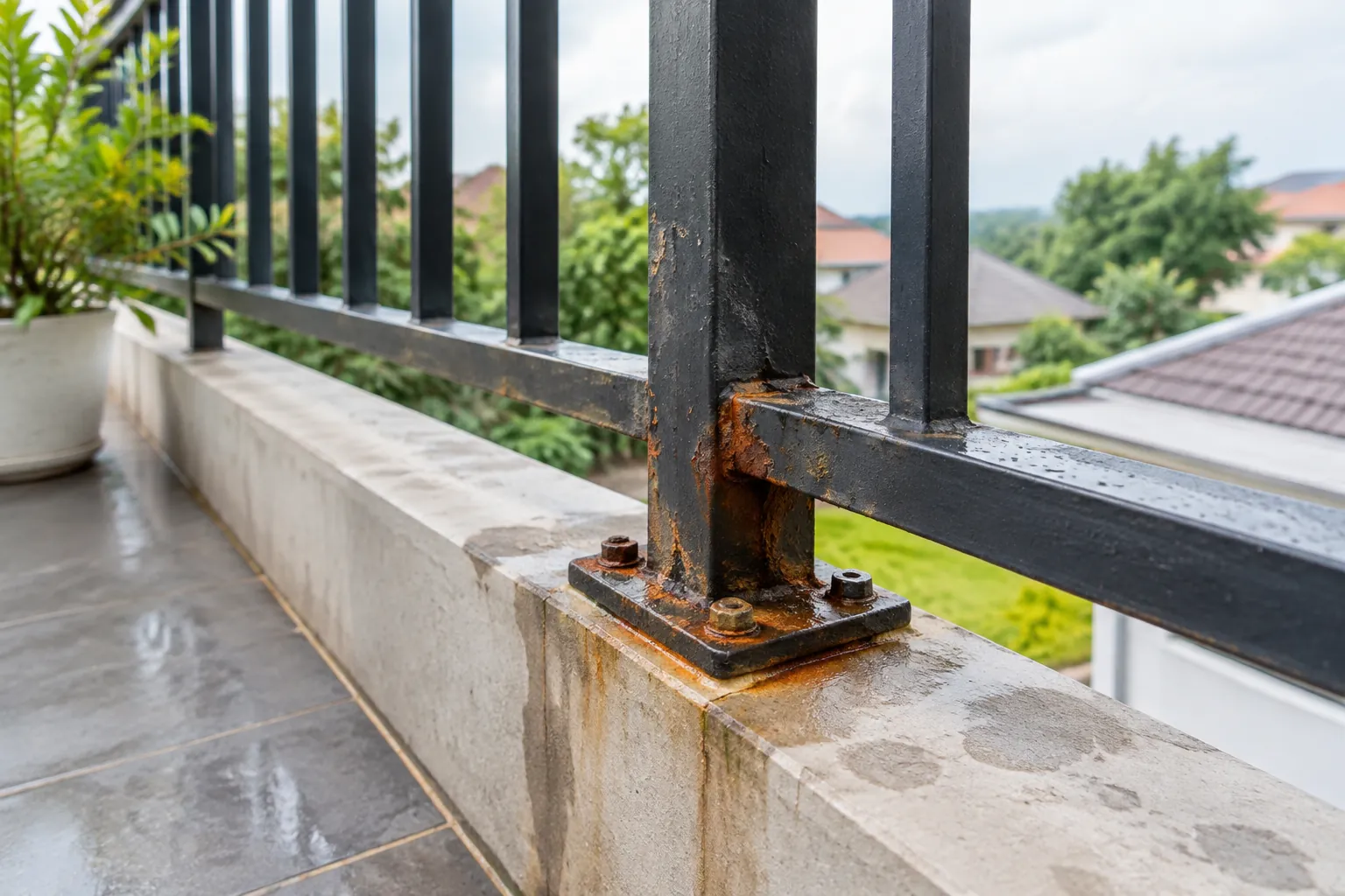 Karat terlihat pada kaki tiang pagar logam dekat lantai balkon
