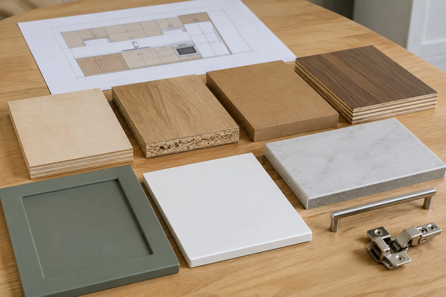 Sampel panel kitchen set dan gambar kerja di atas meja