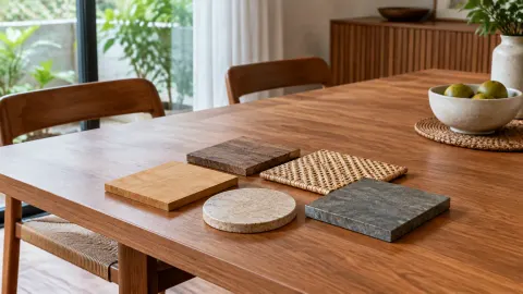 Contoh bahan kayu dan anyaman di atas meja makan