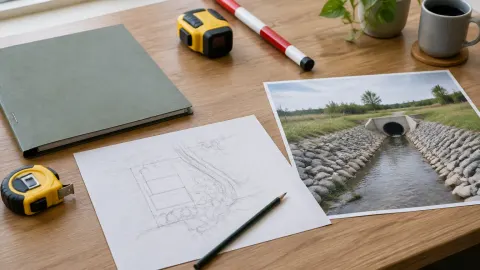 Gambar drainase, alat ukur, dan foto lokasi di atas meja