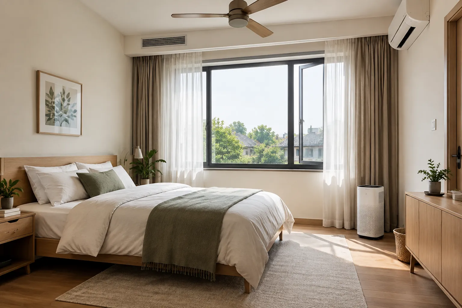 Kamar tidur dengan jendela, kipas plafon, dan pendingin udara