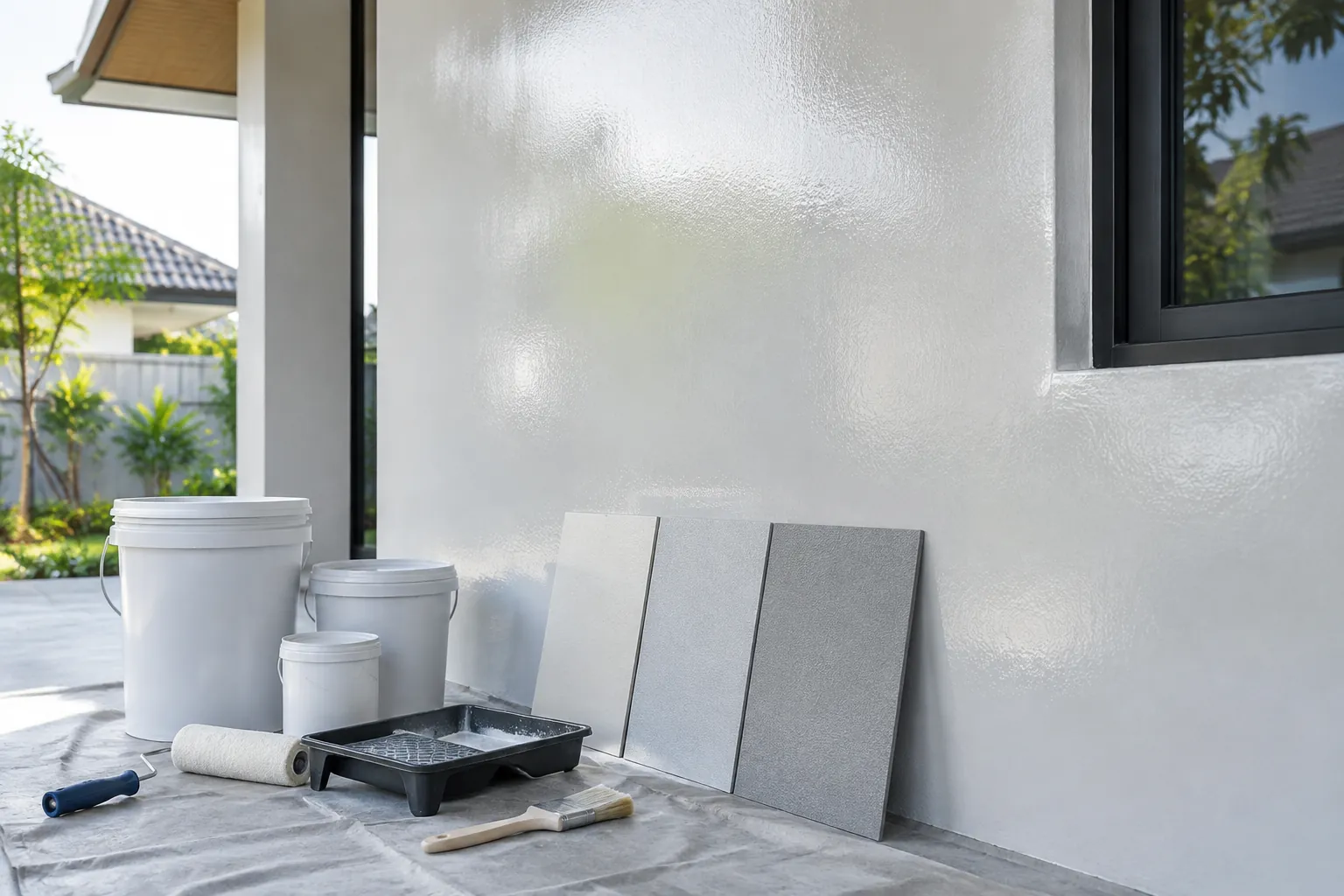 Sampel warna abu-abu dengan alat finishing di dekat dinding luar
