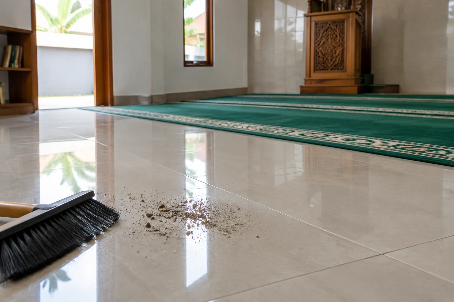 Lantai mushola yang sedang disapu