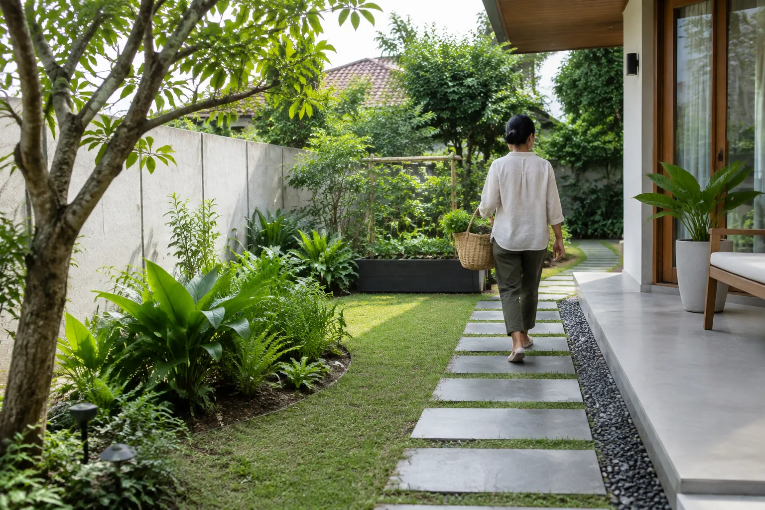 Seseorang berjalan di jalur pijakan taman rumah