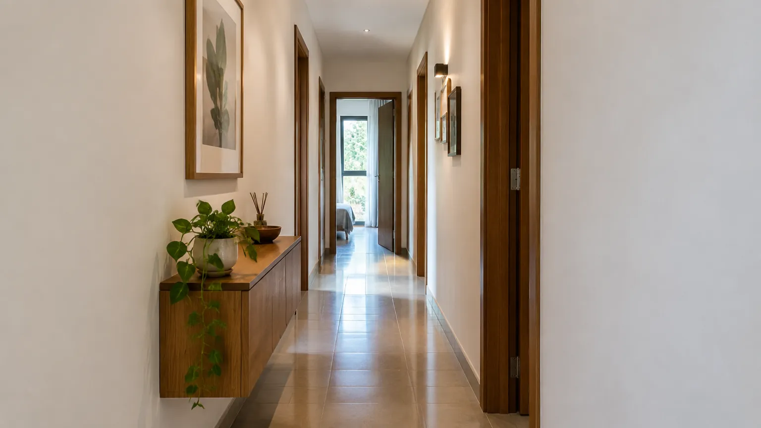 Lorong rumah dengan dinding terang dan beberapa gambar