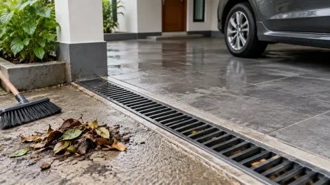 Saluran carport berisi daun di tepi lantai basah