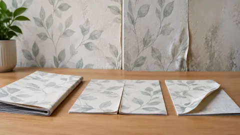 Sampel wallpaper bermotif daun pada meja