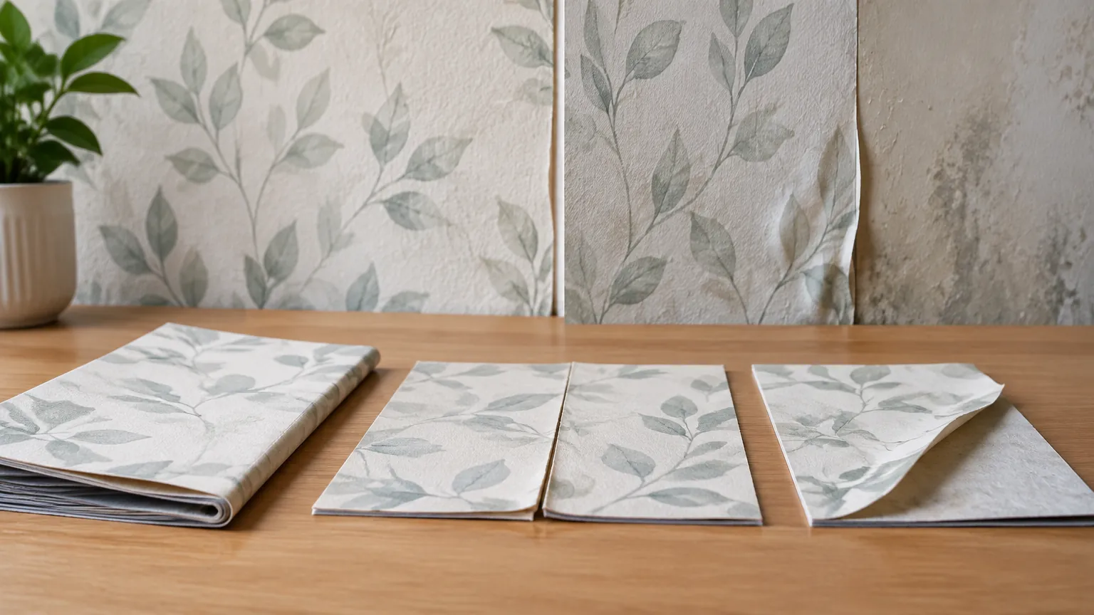 Sampel wallpaper bermotif daun pada meja