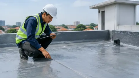 Pekerja memeriksa lapisan kedap air pada atap datar