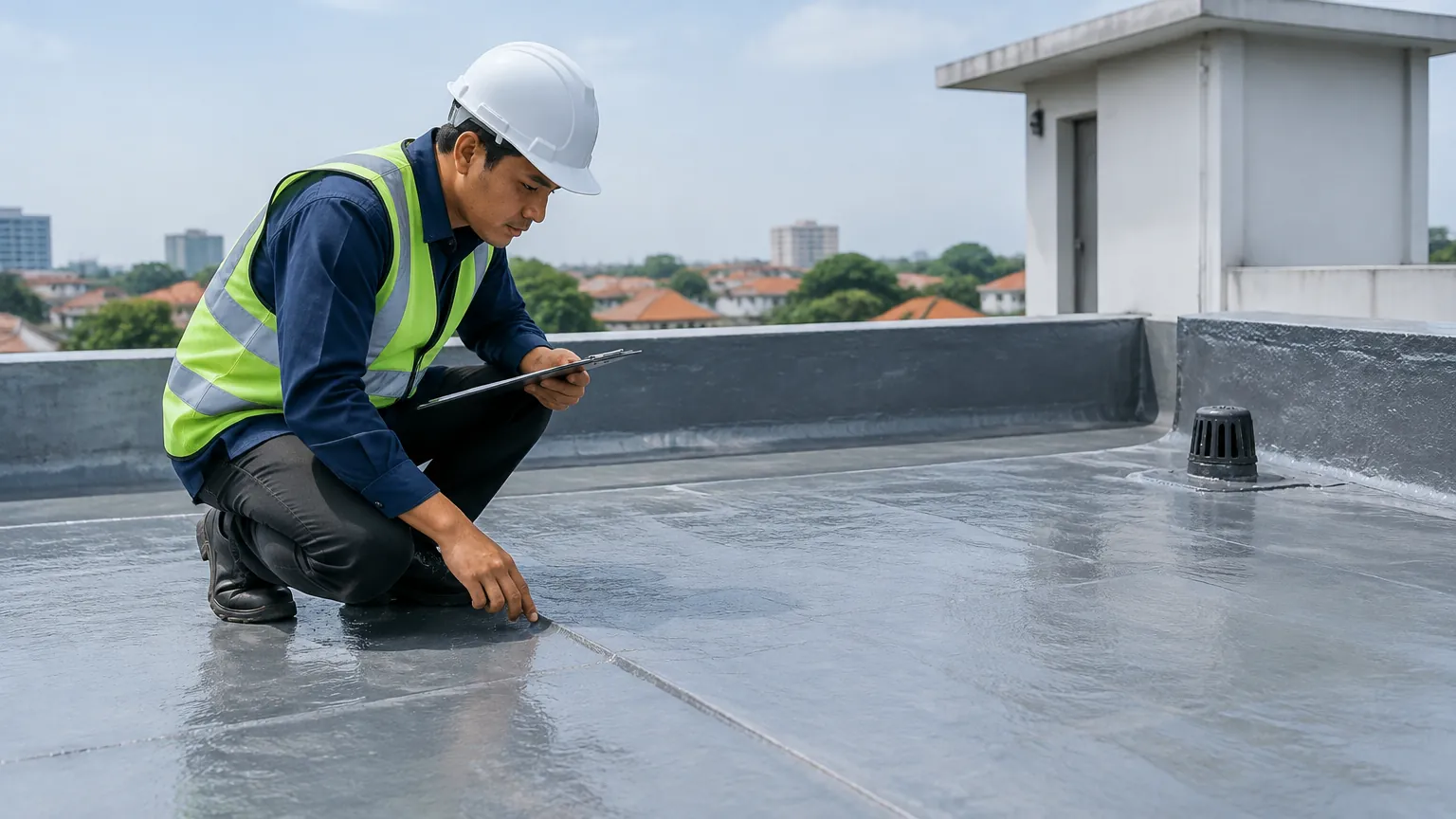 Pekerja memeriksa lapisan kedap air pada atap datar