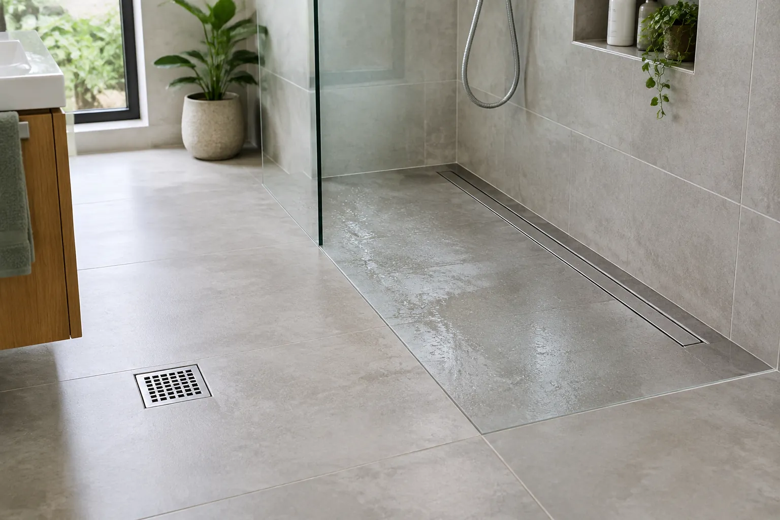 Saluran linear di area basah dipasang terpisah dari floor drain